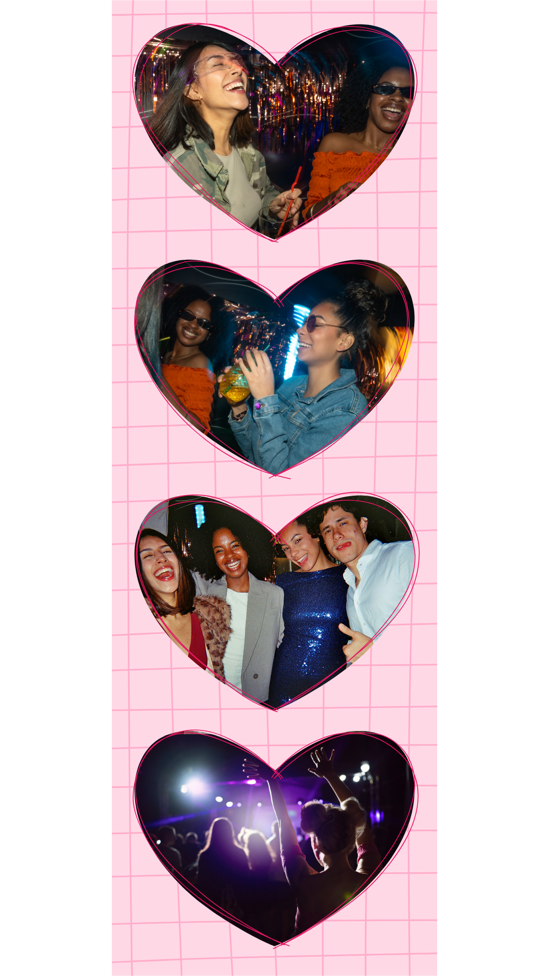 A four-cut photo booth strip with heart-shaped slots, made in Kio Cam.